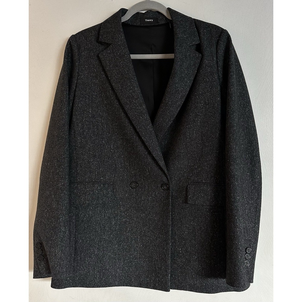 Theory Wool Blend Marled Woman's 10 Blazer Gray Double Breasted Speckled